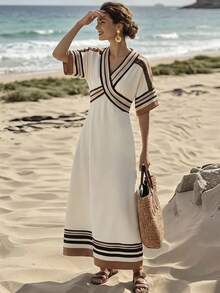 SHEIN Holidaya Women's V-Neck Half Sleeve Umbrella Dress, White, Summer, Boho Sexy, Holiday, Tea Party Golf, Digital Striped Print Beach Aegean Sea - Multicolor - View 3