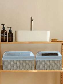 1 PC Rectangular Natural Rattan Woven Bohemian Water Gourd Shape Storage Basket With Built In Handle Handwoven Organizer For Living Room Shelf Bathroom Toilet Paper Desk Accessories Keys Cosmetics Home Decoration Small Items Home Decor Gift - Yellow - View 4