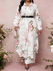 SHEIN Lady 大码女式印花单排扣长款上衣和裤子休闲两件套 - 彩色 - 查看 3