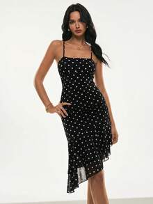 Poéselle 优雅夏季不对称下摆波点印花吊带裙 - 黑色 - 查看 7