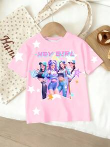 Áo thun ngắn tay cổ tròn in hình hoạt hình K-POP dễ thương, họa tiết ngôi sao, thích hợp cho bé gái đi chơi, đi học, lễ hội âm nhạc, v.v. Màu hồng. - Nhiều màu - Xem 4