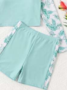 SHEIN Teen Girl Raglan Sleeve Tropical Plant Print Top And Shorts Swimwear Set - Mint Green - View 5