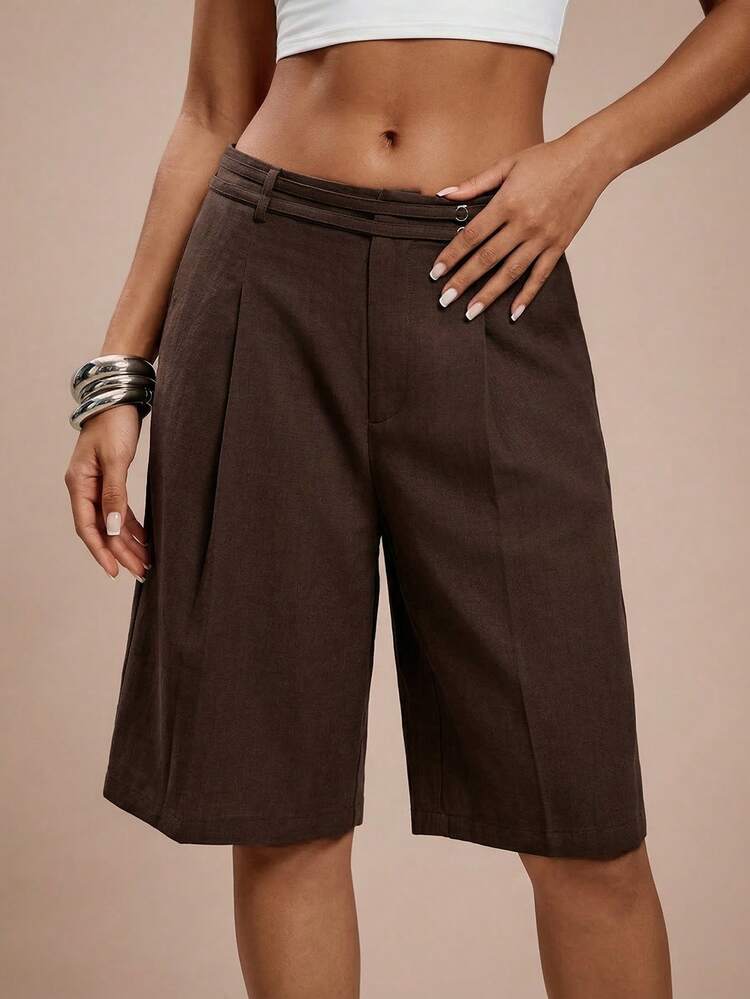 Short bermuda cargo à poches de couleur unie pour femmes - Tabac - Voir 3