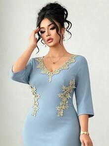 Elenzga Đầm đen ôm dáng thanh lịch tối giản cổ chữ V dành cho nữ cỡ lớn, điểm xuyết hoa vàng, phù hợp cho mặc hàng ngày, hẹn hò, dự tiệc và tiệc chiêu đãi. - Màu xanh bụi bặm - Xem 6