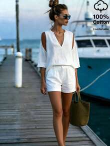 Balvessa 2pcs/Set Women Off-Shoulder V-Neck Blouse And Cotton Shorts - White - View 4