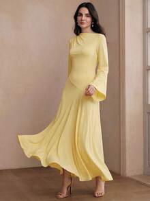 Anewsta Women's Spring Autumn New Arrival Pale Yellow Solid Color Flared Sleeve Fitted Mermaid Dress European And American Style Party Elegant - Pale Yellow - View 3