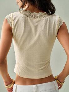 SoleilVie Áo tank top nữ mùa hè mới phong cách Bohemian thanh lịch, dáng rủ, màu kem, phối ren, không tay, cổ chữ V, viền ren (quai vai, ngực và gấu áo), ôm dáng; vải dệt kim mềm co giãn với ren tinh tế; màu sắc; phù hợp làm áo lót mùa xuân/thu, mặc riêng mùa hè, lý tưởng cho phong cách thường ngày, hẹn hò nhẹ nhàng - Kem - Xem 2
