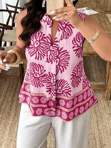 Weeklong Plus Size Women's Casual Round Neck Sleeveless Random Floral Print Shirt, Suitable For Vacation And Daily Wear, Spring/Summer - Multicolor - View 4