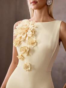 MOTF Soiréza WOMEN'S BOAT NECK SLEEVELESS 3D FLORAL LONG MERMAID DRESS, SPRING/SUMMER - Yellow - View 2