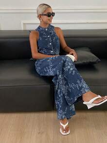 DAZY Bộ đồ đi nghỉ mát dành cho nữ: Áo cardigan không tay cổ tròn in hoa và quần jeans ống đứng dáng rộng. - Rửa tối - Xem 5
