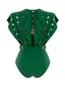 Swim Oasis Hollow-Out Solid Color Round Neck Women's Waist Belt Suit - Green - View 4