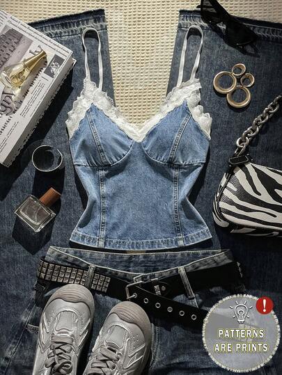 Glimmora Camiseta de tirantes de mezclilla ajustada con encaje de contraste para uso casual y de oficina para mujeres