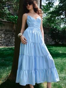 Lumivelle Women's New V-Neck Sleeveless Blue And White Stripe Patchwork Dress, Casual Coastal Sexy Picnic Vacation Romantic Elegant Beach Holiday Summer - Blue - View 5