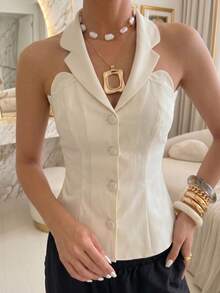 Mulvari Áo blazer nữ màu mơ dệt kim không tay, cổ yếm, eo xếp ly, dáng chữ A, cài cúc, thanh lịch, lãng mạn, thích hợp cho mùa xuân/hè. - Màu be - Xem 7