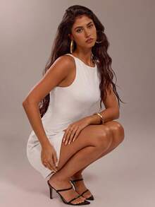 Avantive Women's Simple Solid Color Round Neck Sleeveless Short Dress, Suitable For Commuting In Summer,Dresses For Women Summer - White - View 6