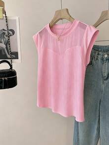Franclia Summer New Arrival Niche Round Neck Short Sleeve Casual Minimalist Fitted Mesh Splice T-Shirt - Baby Pink - View 3