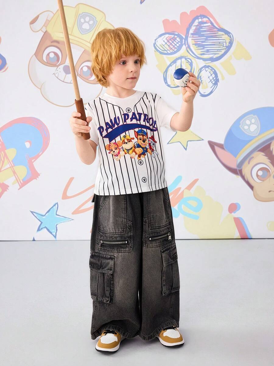 SHEIN | PAW Patrol 男童休闲条纹印花圆领短袖T恤，夏季 - 白色 - 查看 1