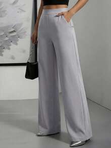 EURMUSE Plus Size Women's Casual Solid High Waist Straight Leg Pants - Light Grey - View 1