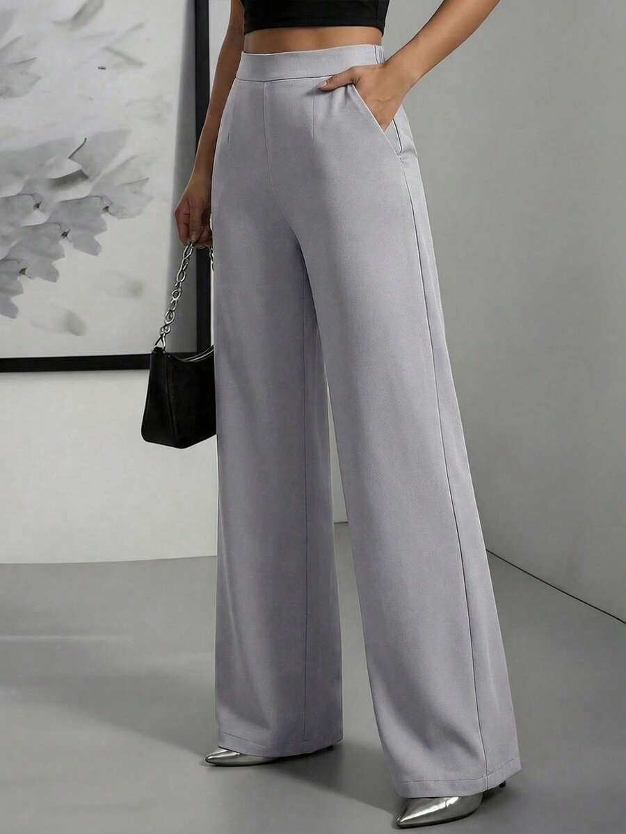 EURMUSE Plus Size Women's Casual Solid High Waist Straight Leg Pants - Light Grey - View 1