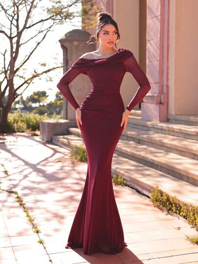 Aureia 2026 New Elegant Angola Red Mesh One Shoulder Ruched Decor Fitted Mermaid Maxi Dress, Suitable For Weddings And All Formal Occasions