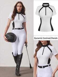 Easithlete Easithlete Contrast Color Patchwork Short Sleeve Fitted Equestrian Outfit - White - View 1
