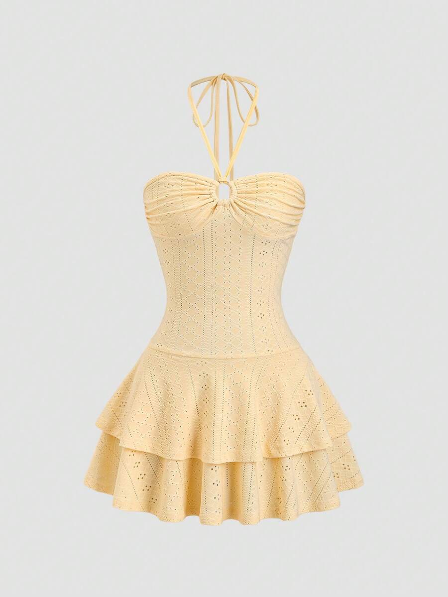 Sweetra Cute Retro French Style Romper,Pale Yellow Summer Vacation Holiday Strapless Tie Front Ring Detail Double Ruffle Hem Cake Skirt Perforated Fabric - Yellow - View 1