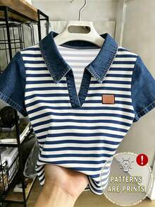 Resyla Áo thun nữ tay ngắn cổ polo in kỹ thuật số kẻ sọc giả denim, kiểu dáng thường ngày và đa năng / Sản phẩm thời trang / Quà tặng cho phái nữ / Quà tặng ngày lễ - Nhiều màu - Xem 1