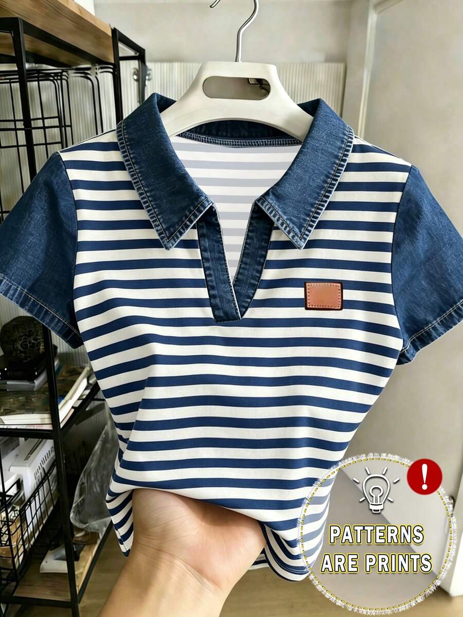 Resyla Áo thun nữ tay ngắn cổ polo in kỹ thuật số kẻ sọc giả denim, kiểu dáng thường ngày và đa năng / Sản phẩm thời trang / Quà tặng cho phái nữ / Quà tặng ngày lễ - Nhiều màu - Xem 1