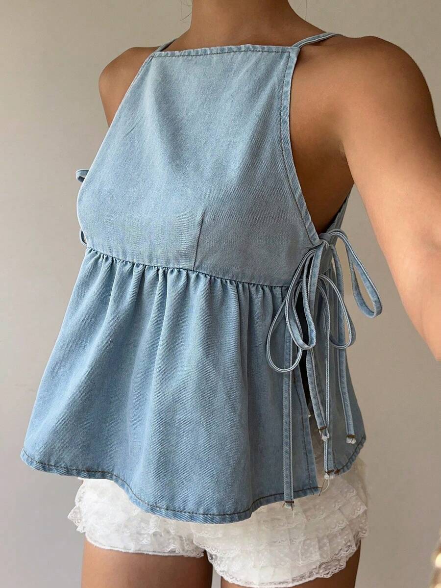SHEIN PETITE Top halter de mezclilla para mujer petite con lazos laterales, atuendos casuales de verano para la playa y el streetwear para mujeres - Lavado ligero - Ver 1