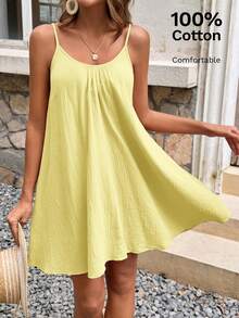SHEIN Frenchy Women's Solid Color Cotton Muscle Spaghetti Straps Summer Holiday Style Dress, Tank Dress, Summer Women's Clothing, Cotton Women's Clothing,Dresses For Women Summer - Yellow - View 8