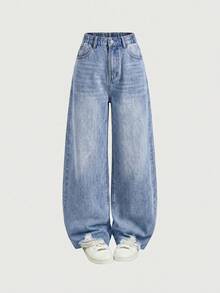 Jeans de cintura alta, lavados, de pierna ancha y suelta, estilo retro Y2K, azul desgastado y desteñido, de ajuste relajado, adecuados para primavera y verano - Azul - Ver 1