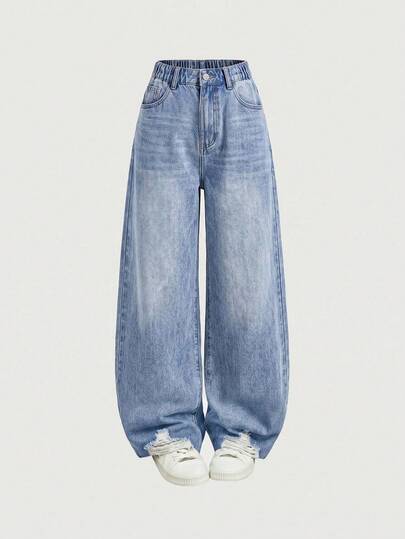 Y2K Retro Washed High Waist Loose Wide Leg Jeans, Blue Distressed Faded Relaxed Fit, Suitable For Spring & Summer