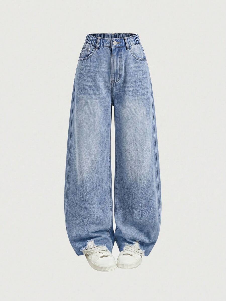 Jeans de cintura alta, lavados, de pierna ancha y suelta, estilo retro Y2K, azul desgastado y desteñido, de ajuste relajado, adecuados para primavera y verano - Azul - Ver 1