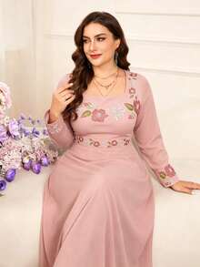 Modelyn Black Square Neck Long Sleeve Cinched Waist Dress / Vintage Floral Embroidery Elegant Plus Size Work Dress - Dusty Pink - View 4