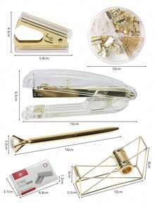 6PCS Gold-Color Binding Set Including 1pc Stapler, 1pc Staple Remover, 1pc Rhinestone Ballpoint Pen, 1pc Tape Dispenser, 1box Staples, 1pc Creative Stationery Easy Binding Tool Set, Multi-Purpose And Simple Style, Perfect For Office And Students' Use Back To School - Gold - View 6