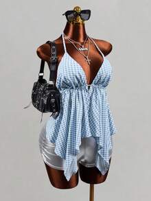 Mistrie Weißes kariertes Rüschen-Top für Damen, süßes Y2K-Sommer-Urlaubs-Shirt, sexy ärmellos mit asymmetrischem Saum, für Strand und Golf - Blau - Übersicht 6