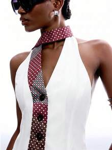 LYSMO Women's Patchwork Color Halter Backless Casual Versatile Daily Wear Top - White - View 5