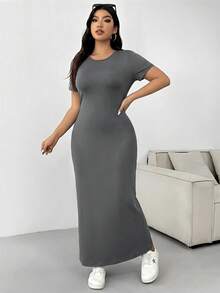 SHEIN EZwear 大码女式夏季纯色圆领短袖不对称下摆休闲连衣裙，深灰色 - 深灰色 - 查看 5