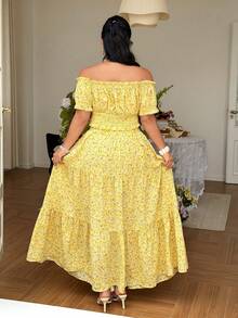 FleurLily Plus Size Women's Summer Yellow Boho Picnic Holiday Ditsy Floral Off-Shoulder Puff Sleeve Shirred Slim Shirt,Layered Ruffle Hem Skirt Two Pieces Set - Yellow - View 2