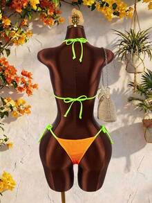 Amplova Conjunto de Maiô Bikini Sexy Feminino, Adequado para Férias, Design Fofo Bicolor Fluorescente, Ideal para Praia - Laranja - Visão 7