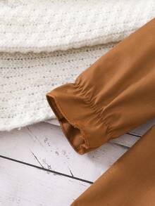 SHEIN Bebé niña Pantalones con blusa ribete con fruncido de manga con volante con cinturón - Caqui - Ver 6