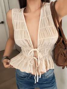 Women's Fashion Sexy Tie-Up Ruffle Hem Blouse - Apricot - View 3