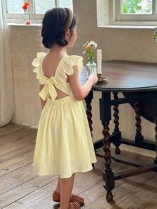 LMoss Kids Young Girl Woven Solid Color Square Neck Ruffle Hem Casual Dress - Mustard Yellow - View 8