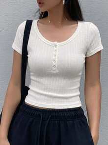 DAZY Casual Basic Solid Color Short Sleeve T-Shirt, Versatile For Summer Crop Top Golf White - Beige - View 5