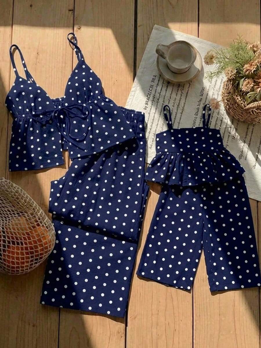 SHEIN Bộ đồ bé gái thường ngày dễ thương gồm áo hai dây chấm bi và quần cạp chun. - Nhiều màu - Xem 1