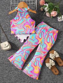 Bộ quần áo trẻ em gái in hình bướm và trái tim nhuộm tie-dye, áo dệt kim hở lưng phối cùng quần ống loe, bộ quần áo trẻ em gái, bộ quần áo trẻ em gái. - Nhiều màu - Xem 2