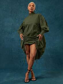 Vixey Drawstring Mock Neck Adjustable Drawstring Long Sleeve Dress - Army Green - View 5