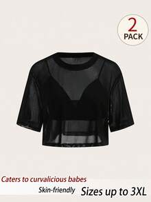 SHEIN BASICS Plus Size Women Solid Color Cropped Camisole Mesh Short Sleeve Top Set Party Club Concert Rave Date Night Black Summer Sexy 70's Halloween - Black - View 2
