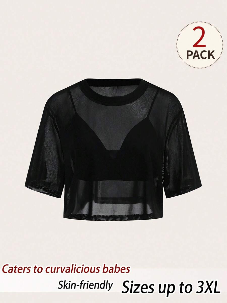 SHEIN BASICS Plus Size Women Solid Color Cropped Camisole Mesh Short Sleeve Top Set Party Club Concert Rave Date Night Black Summer Sexy 70's Halloween