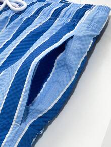 Manfinity KASUA Men's Casual Vacation Style Colorblock Striped Print Drawstring Waist Loose Beach Shorts, Summer - Royal Blue - View 5